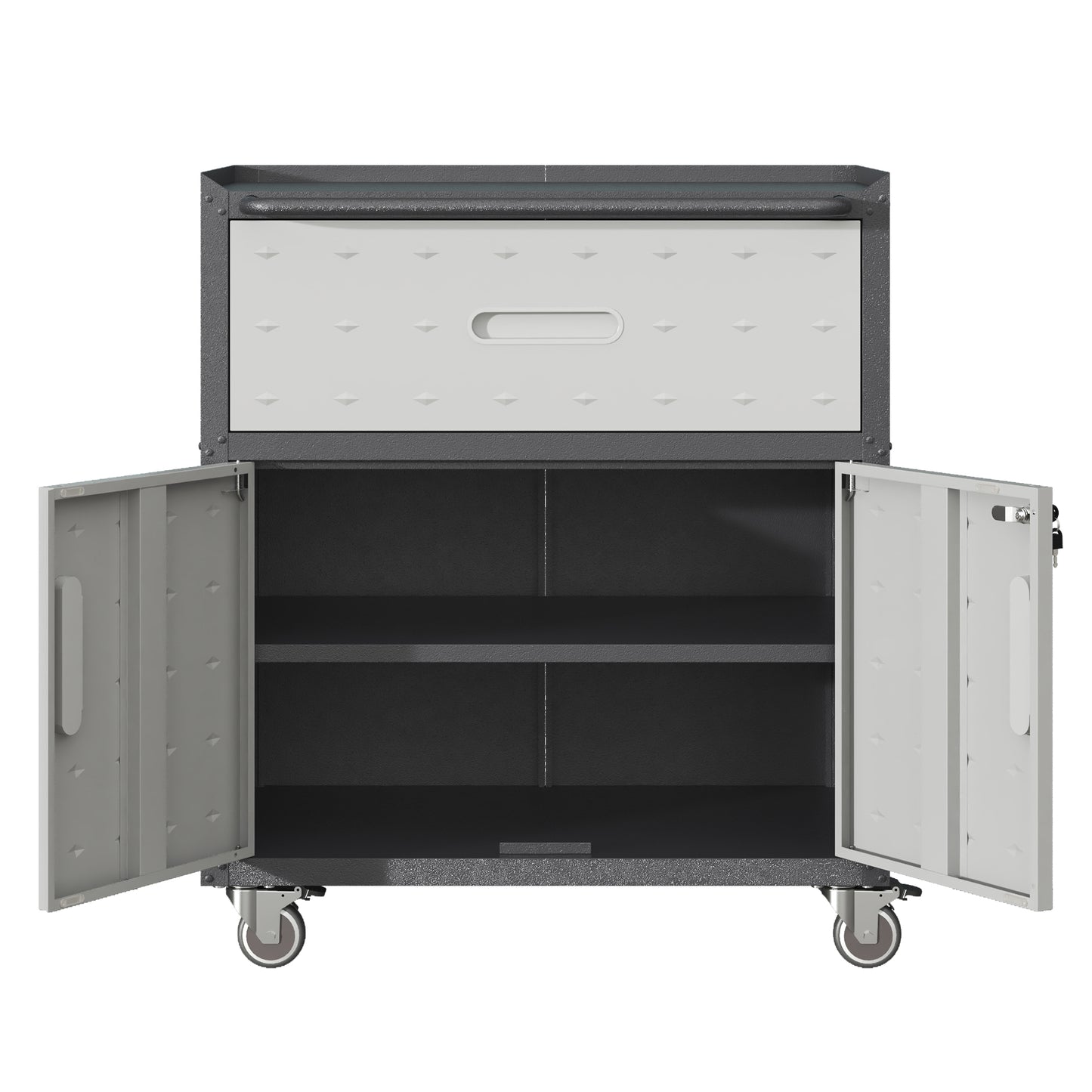 Metal Tool Cabinet with Wheels - Heavy-Duty Storage Unit with Drawer & Locking Doors - Black & Gray