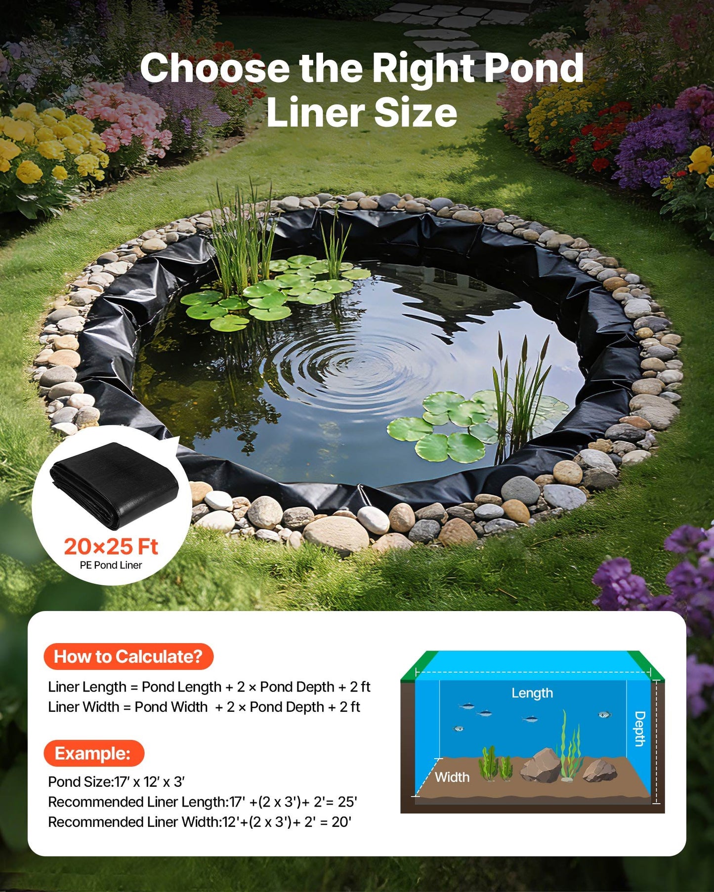 20x25 Ft Pond Liner - Reinforced 14 Mil Waterproof Fish Pond Liner for Outdoor Water Gardens