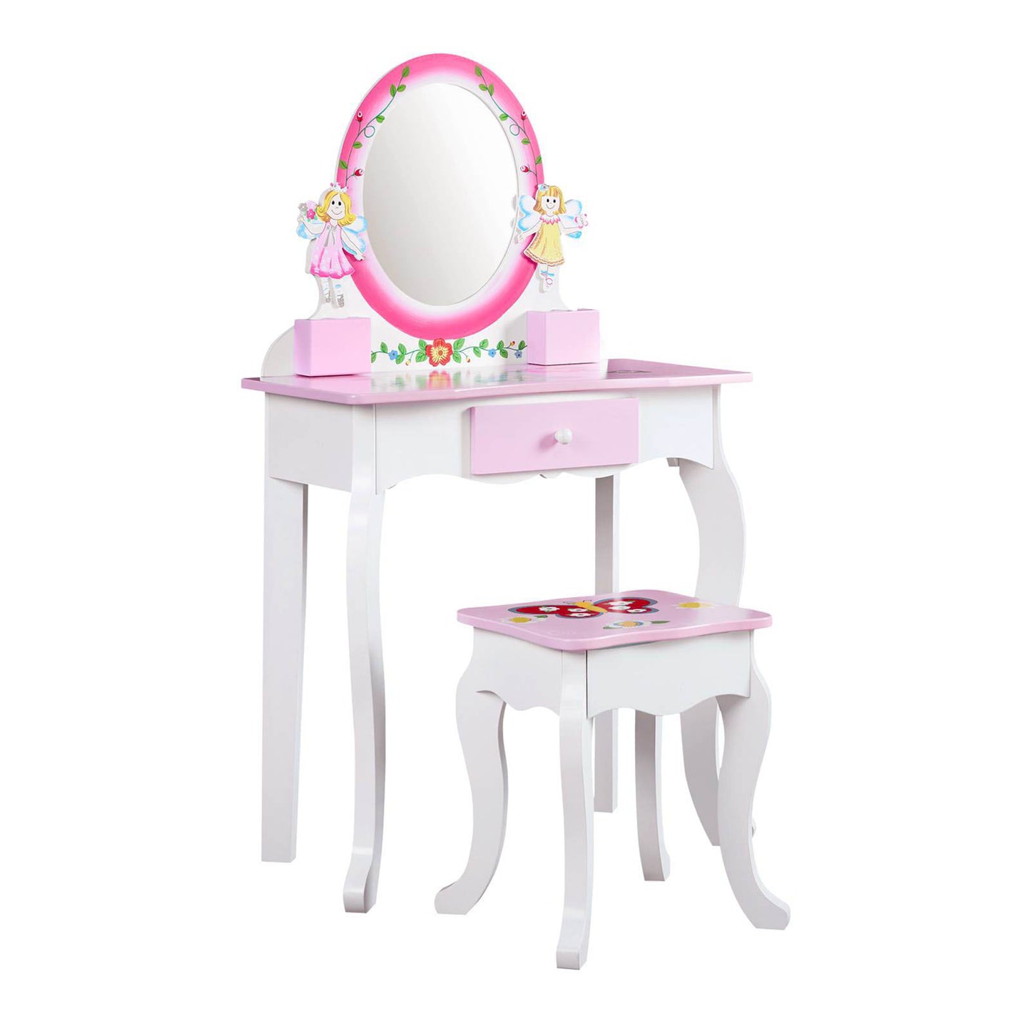 Kids Vanity Set Floral Printed Wooden Makeup Dressing Princess Table