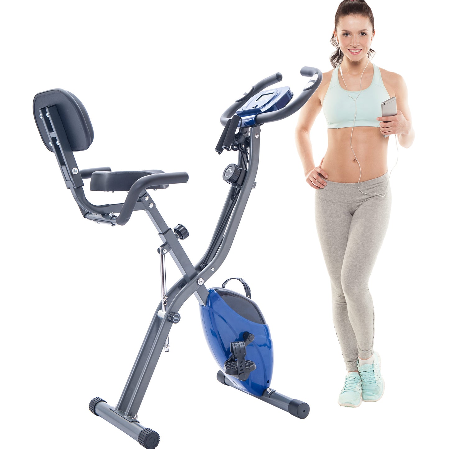Folding Exercise Bike with 16-Level Resistance & Arm Bands - Blue