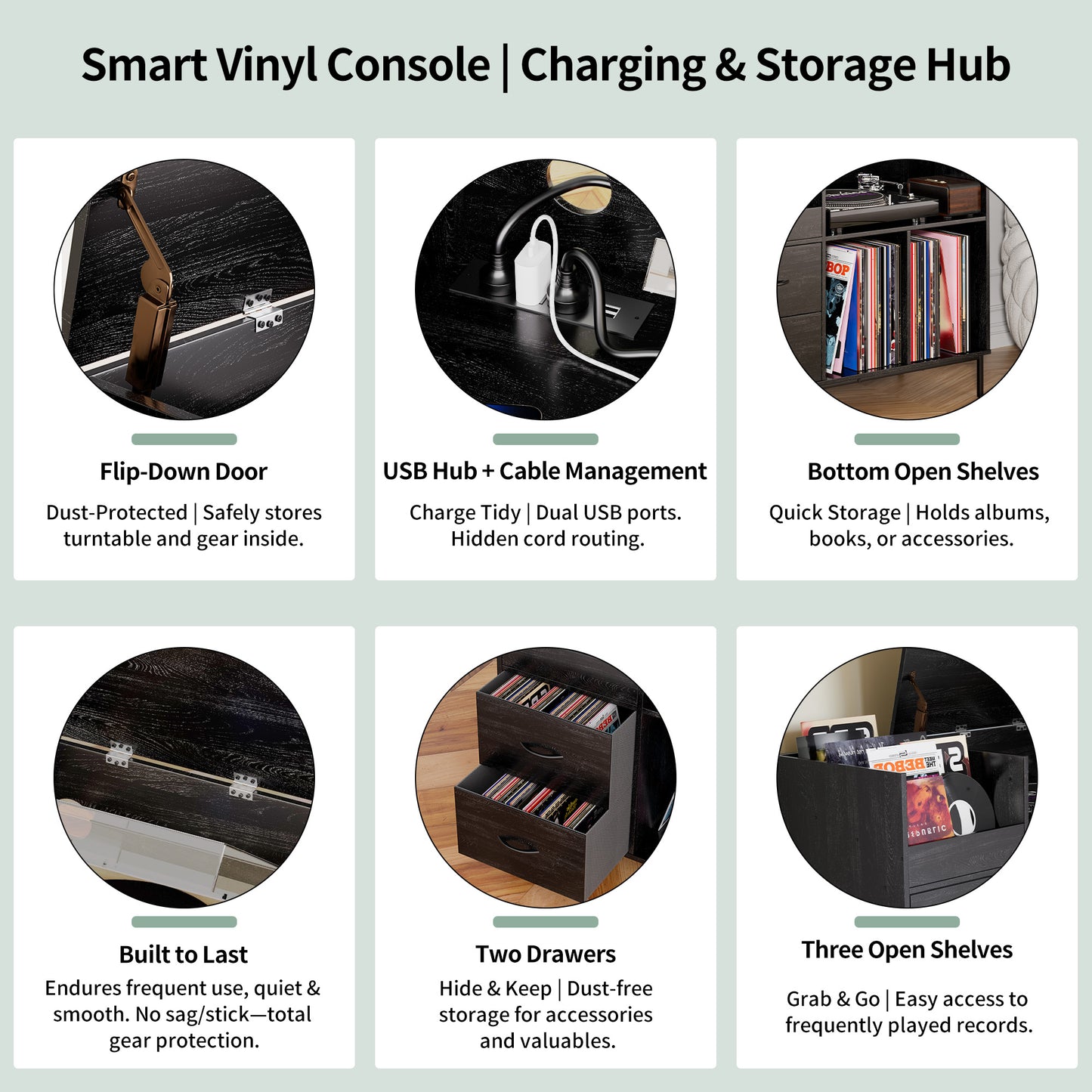 Eco-Friendly Record Player Stand With Flip-Top - Wood Vinyl Storage