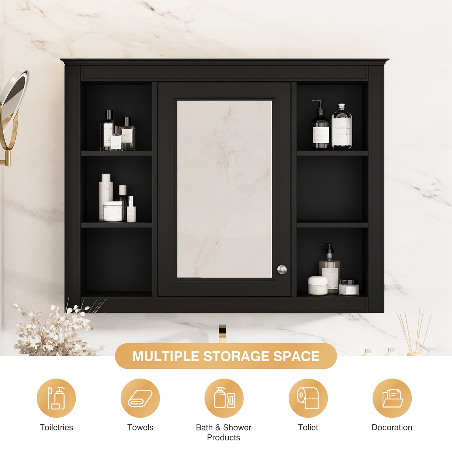 35'' x 28'' Wall Mounted Medicine Cabinet with Mirror - Black