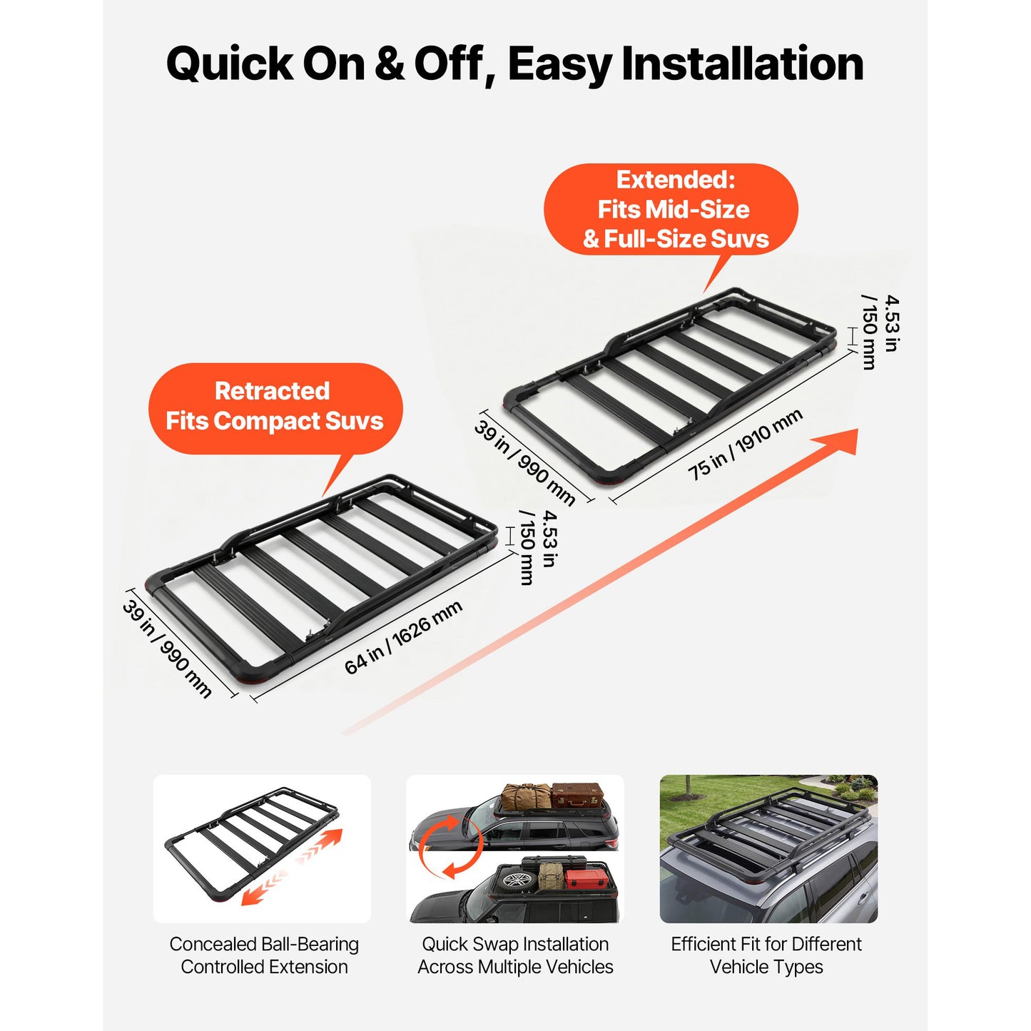 Heavy Duty Roof Rack Cargo Basket 64x39x4.53 Inches With Extension - All-Weather Vehicle Carrier, 200 Lb Capacity
