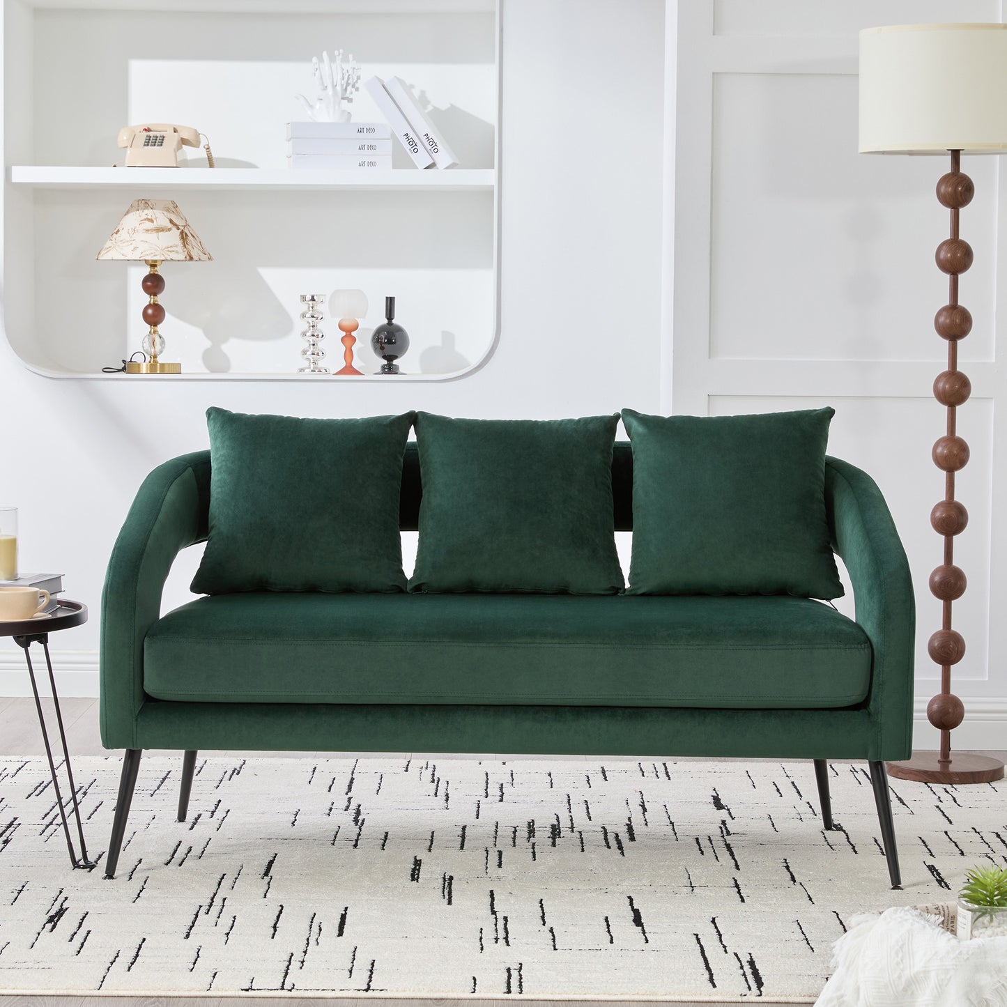 Modern Velvet Loveseat Settee with 3 Pillows - Green