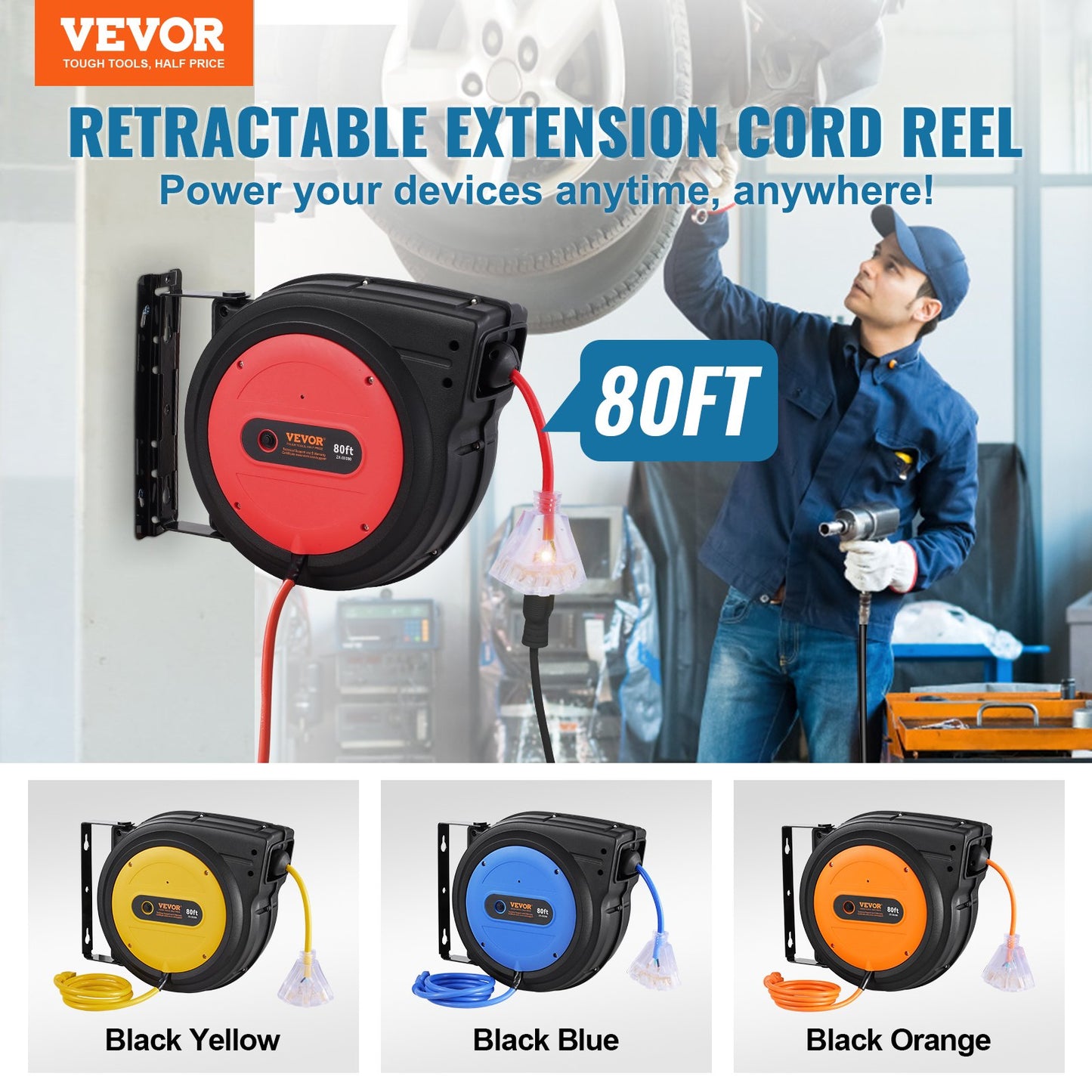 Heavy Duty Retractable Extension Cord Reel 80FT 12AWG Water-Resistant Power Cord