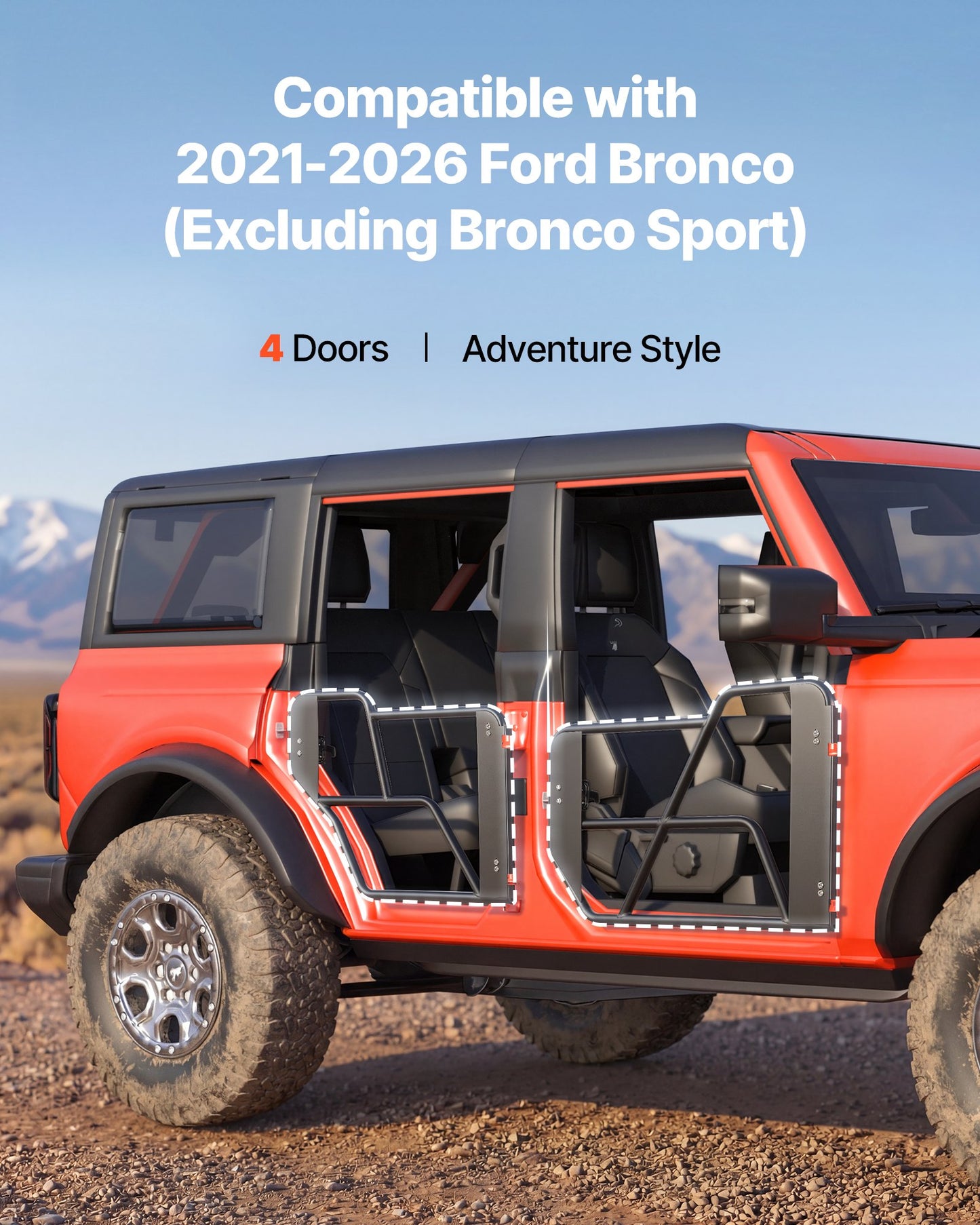Off-Road Tube Doors for 2021-2026 Ford Bronco - Steel Half Doors with Heavy-Duty Hinges