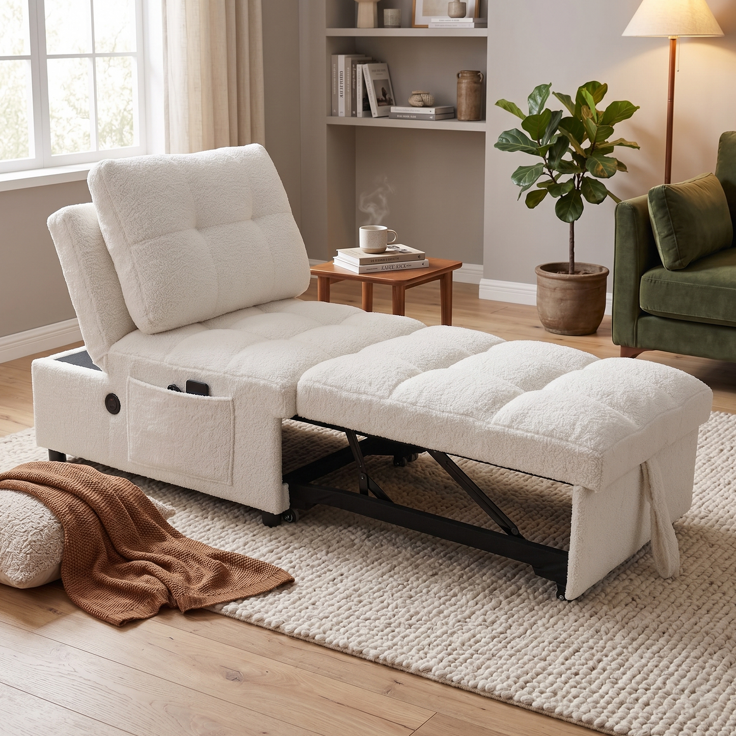 Single Sofa Bed Without Armrests, Soft Teddy Fabric Texture,