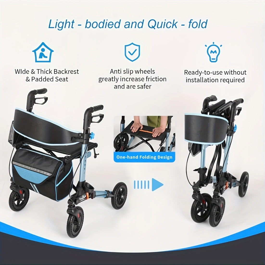 Lightweight Foldable Rollator Walker for Seniors - Blue