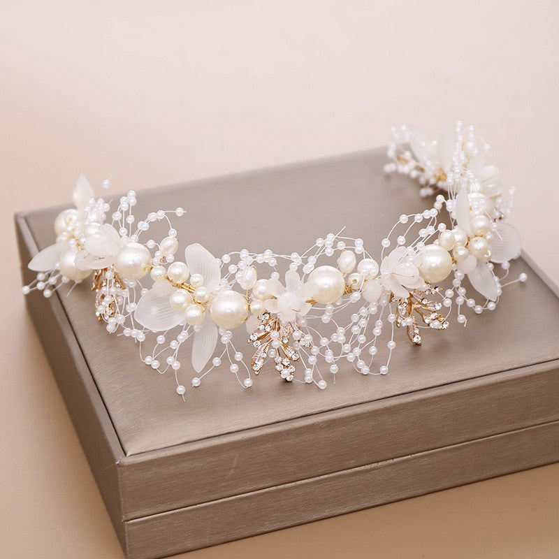 Children's Pearl Flower Headdress with Gold Leaf for Kids