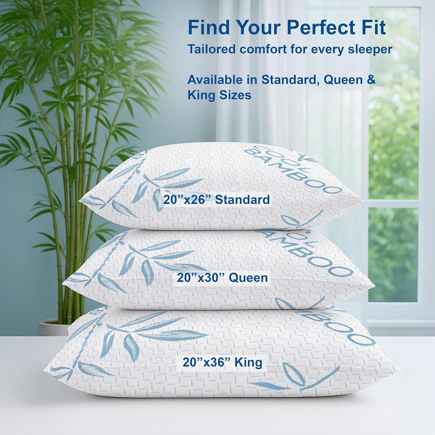 King Size Bamboo Rayon Shredded Memory Foam Pillows - Adjustable Soft & Firm, Washable Cover, Pack of 2 & 4