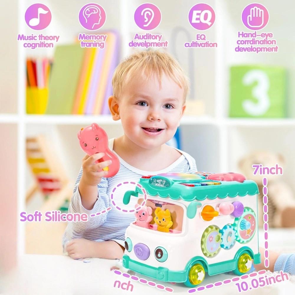 Baby Activity Bus Toy Set 6-in-1 Musical Learning Playset with Car & Building Blocks