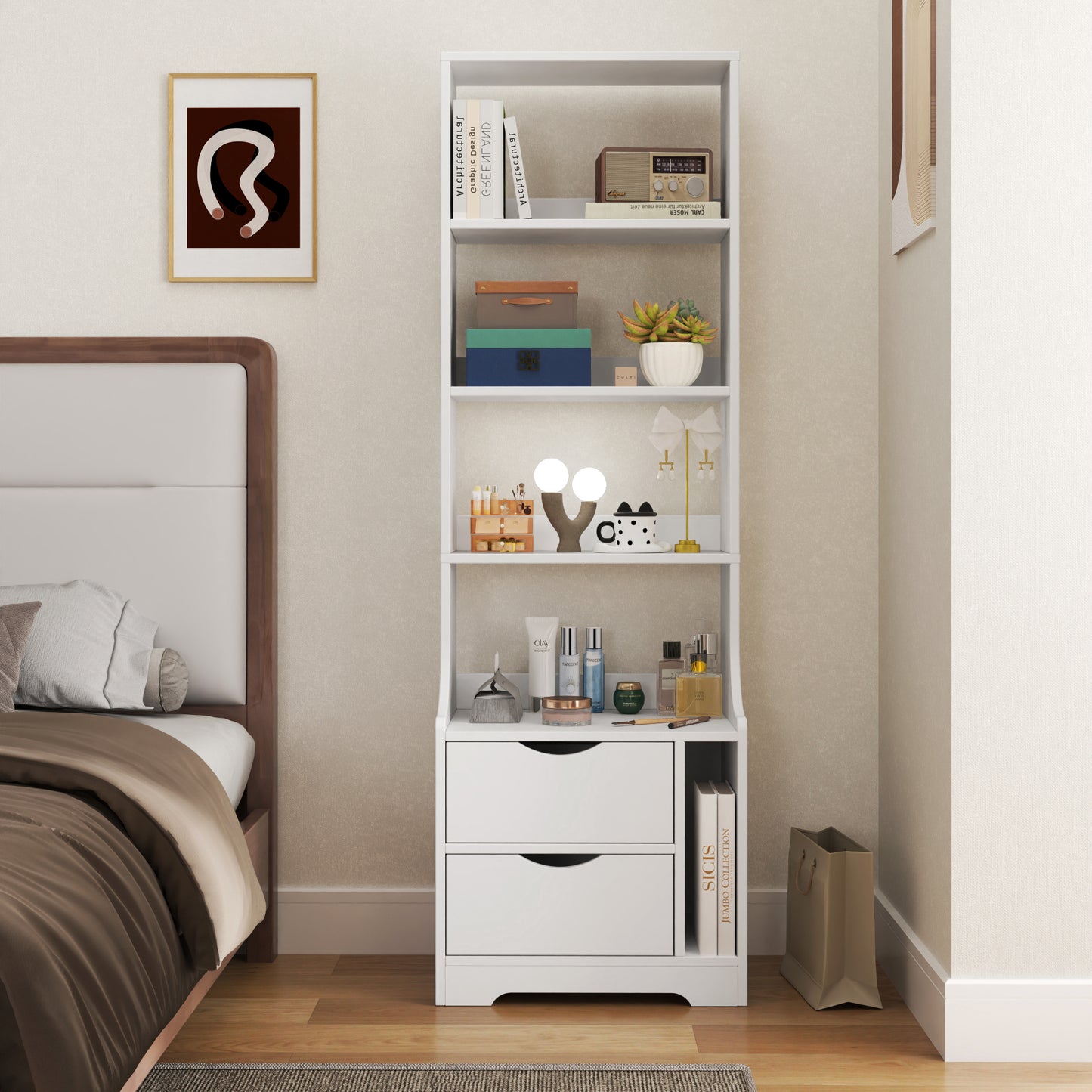 White Night Stand with Bookshelf and 2 Storage Drawers