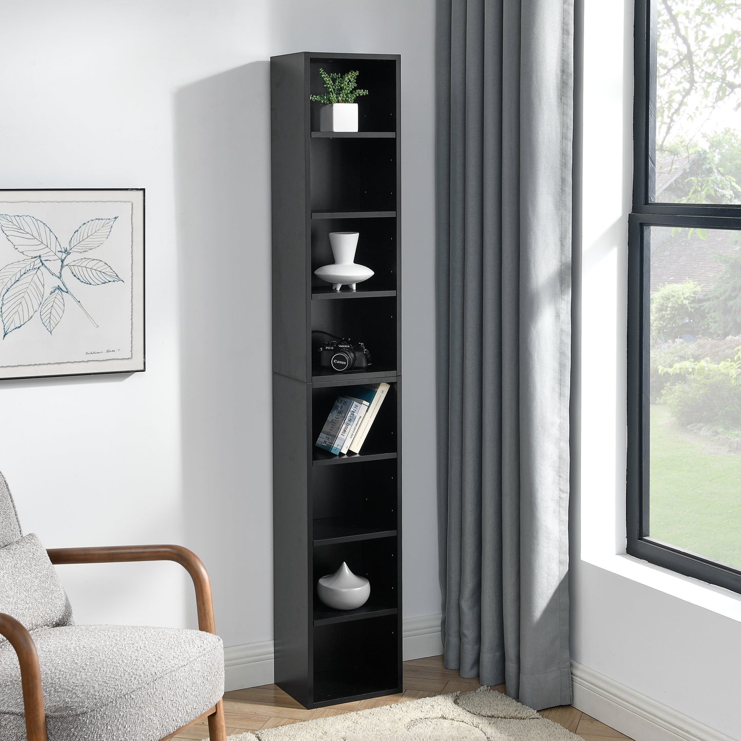 8-Tier Media Tower Rack - Slim Storage Cabinet with Adjustable Shelves - Black