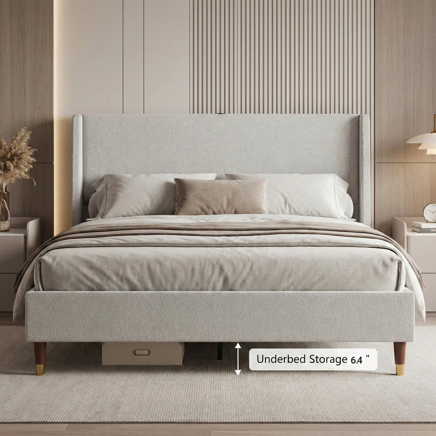 Queen Size Upholstered Bed Frame with USB Ports - Grey