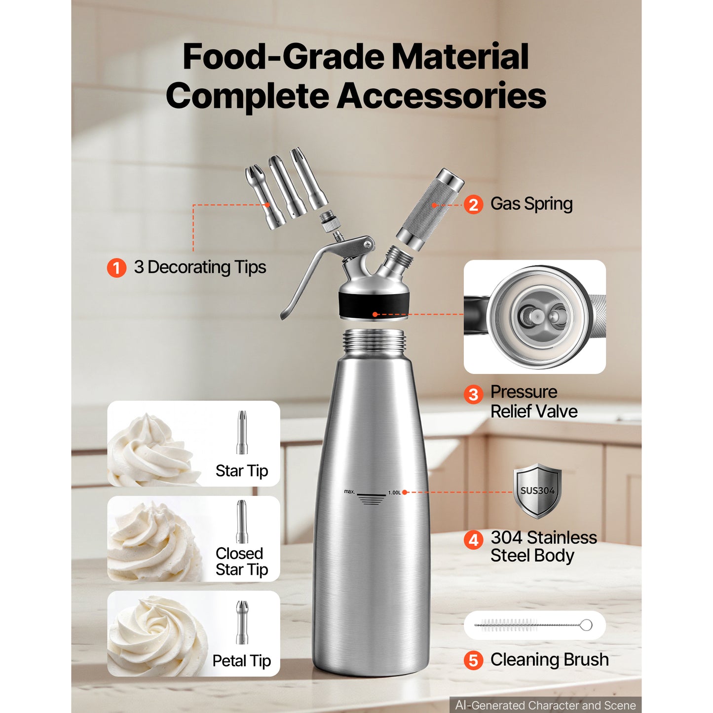 304 Stainless Steel Whipped Cream Dispenser 1000ml - Leak-Free Canister with Nozzles & Brush