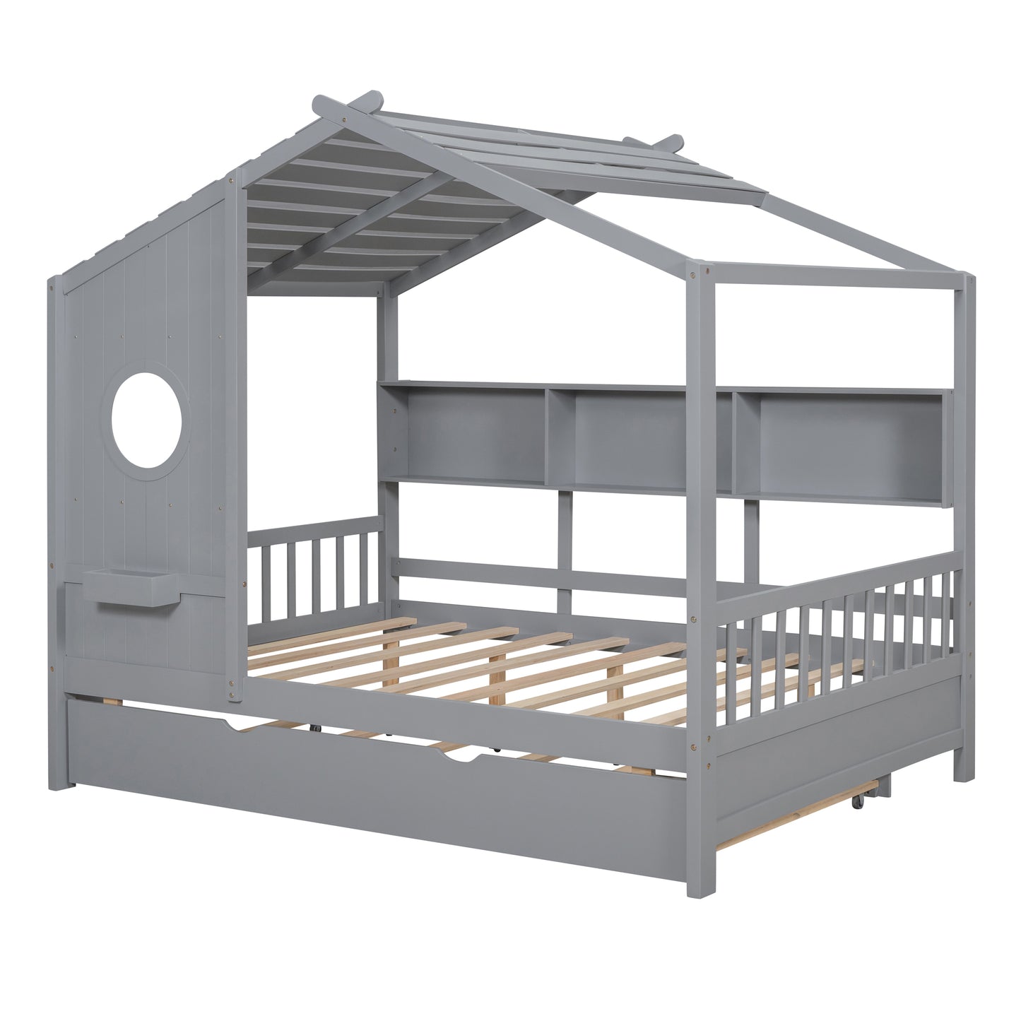 Wooden Full Size House Bed With Trundle, Modern Design For Kids
