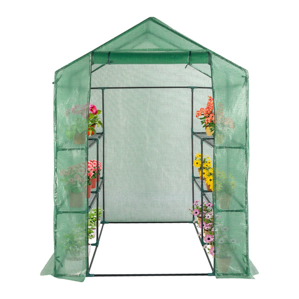 Garden Greenhouse with 8 Shelves, Green PE Cover & Black Iron Frame, 143x143x195cm