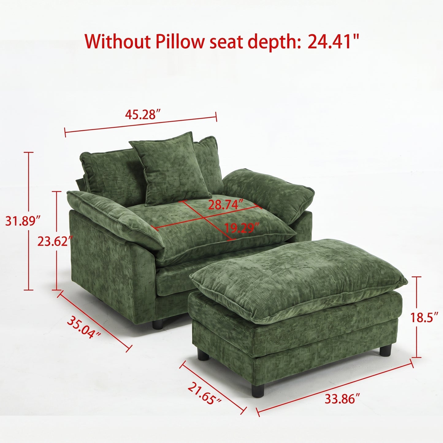 Modern Accent Chair with Ottoman - Green Chenille Upholstered Armchair