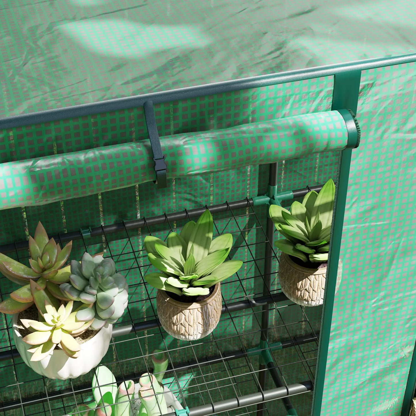 Portable Lean-To Greenhouse with Three-Tier Plant Shelf - Green