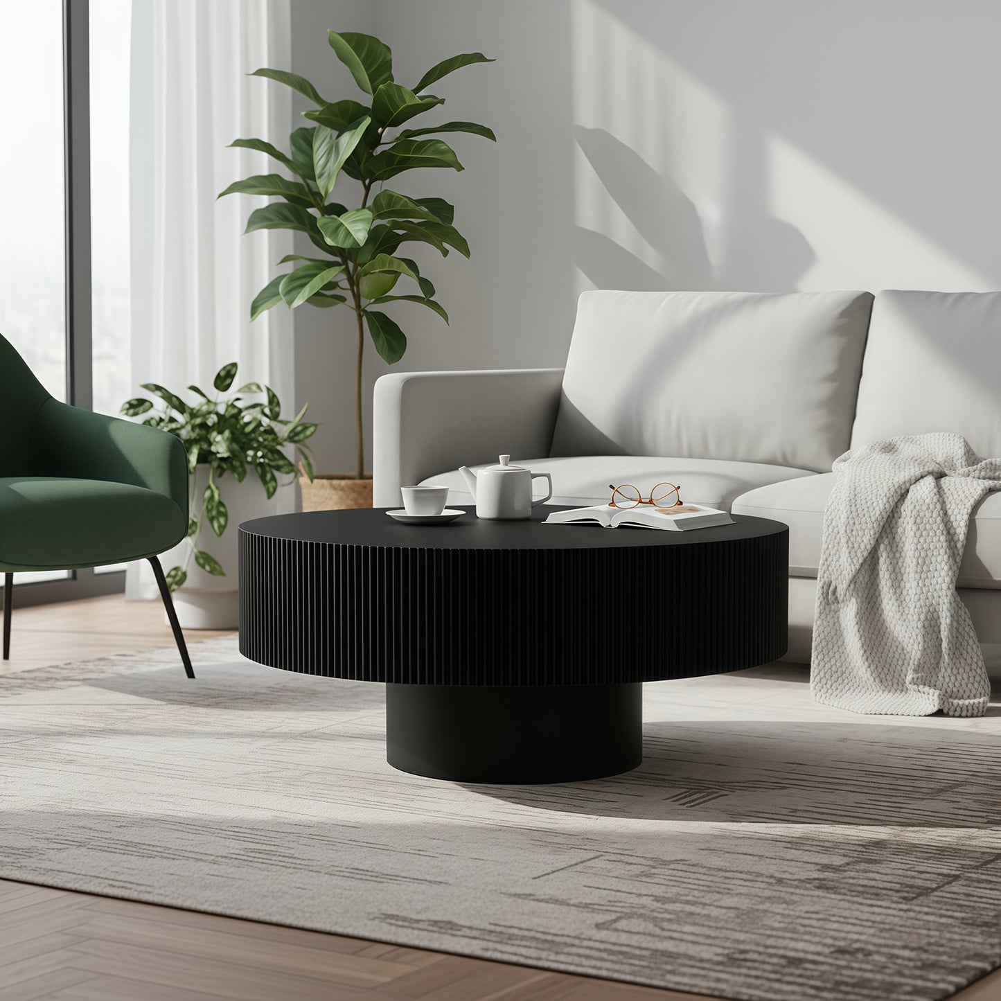Round Coffee Table, Fluted Table With Sturdy Pedestal, Mid Century