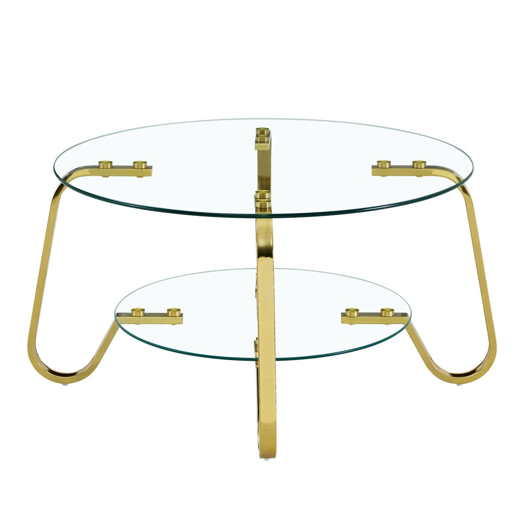 Retro Gold Metal Frame Double-Layer Glass Coffee Table - 31.5"