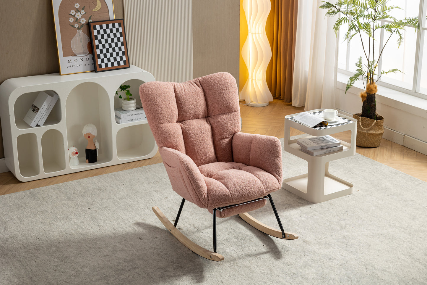 Pink Teddy Fabric Rocking Chair with Adjustable Footstool