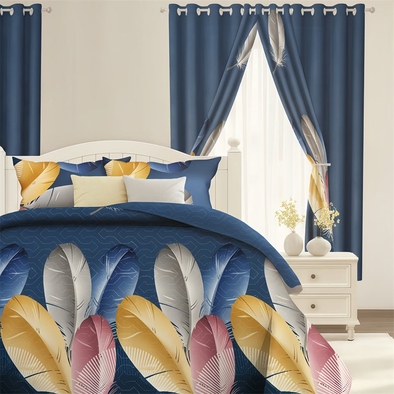 9-Piece Boho Feather Quilt and Curtain Set - Customizable Panels