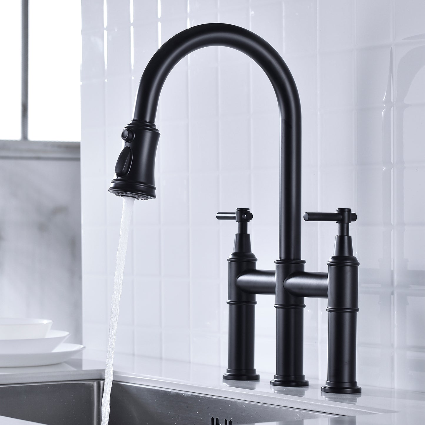 Pull Down Kitchen Faucet with Dual Handle - Matte Black