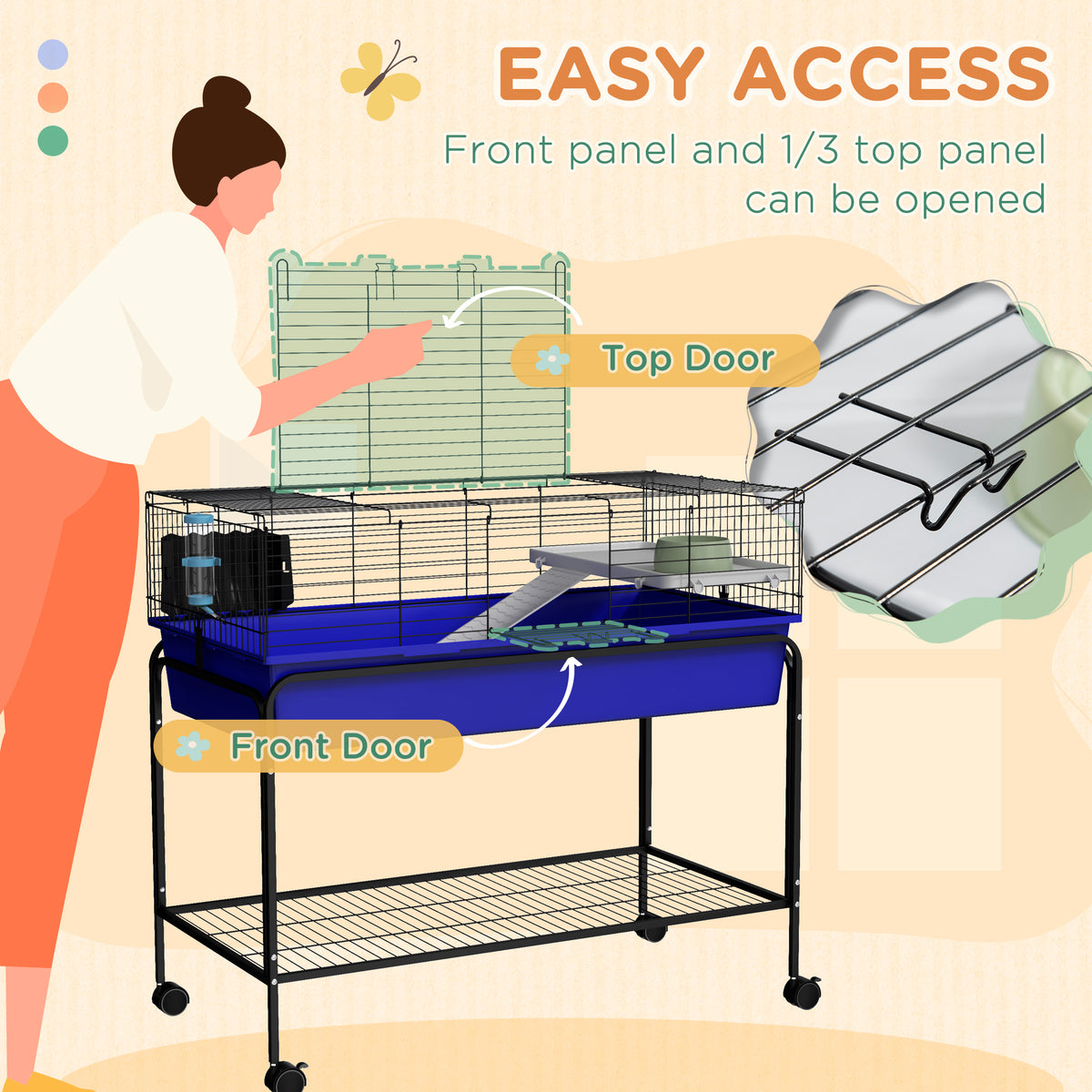 Small Animal Cage with Removable Stand, Wheels & Shelf - Blue, 39 x 20.5 x 36.5 Inches