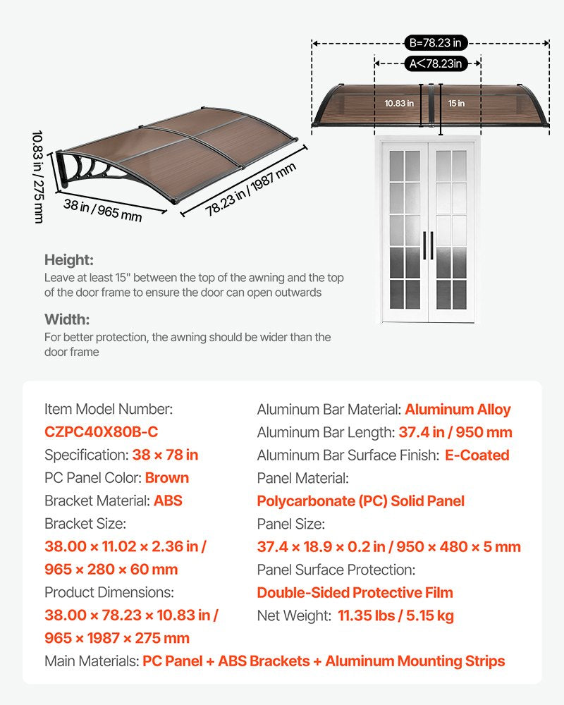 Outdoor Door Awning 38x78 Inches Polycarbonate Weatherproof Canopy with Metal Bracket