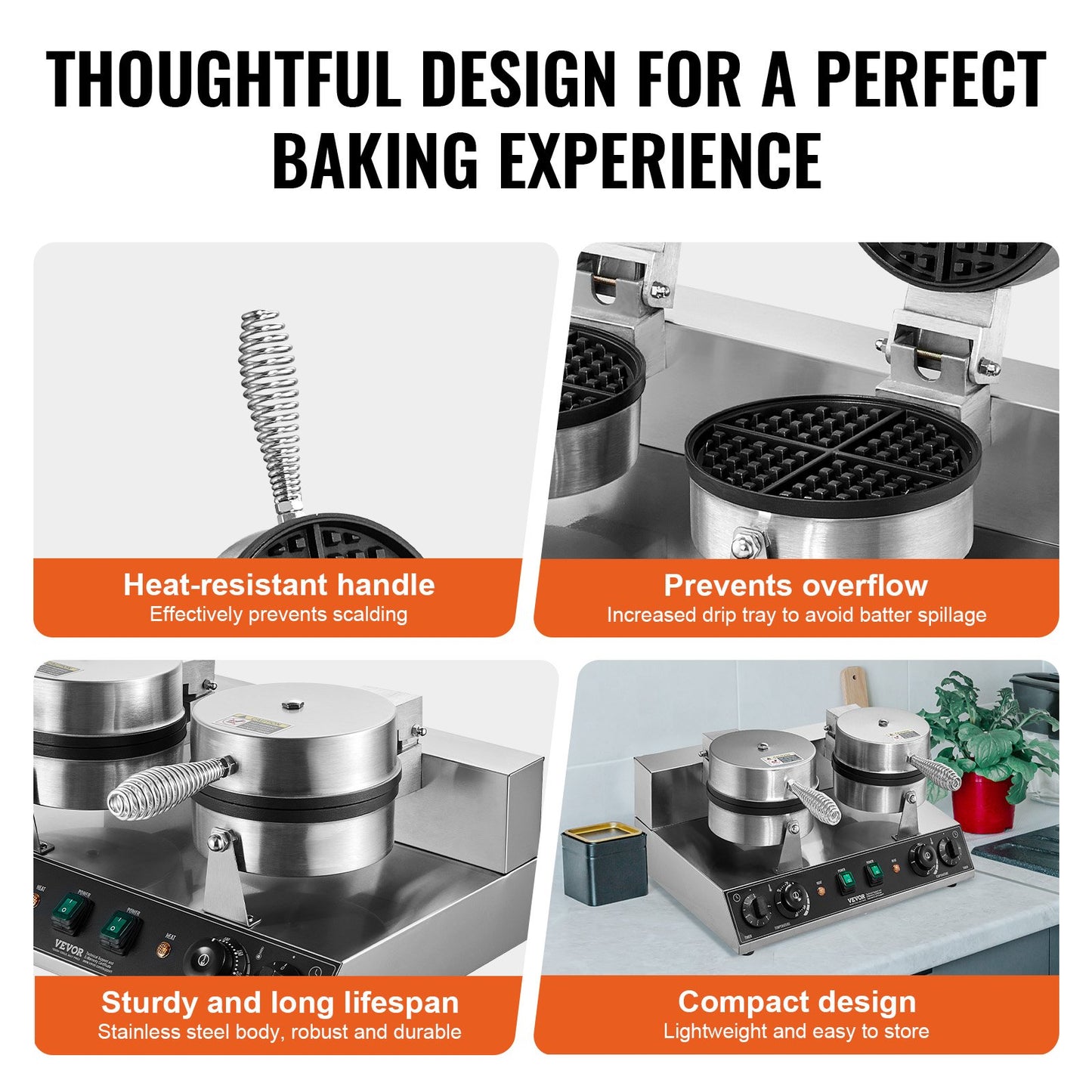 Dual-Head Commercial Waffle Maker 2460W Non-Stick Round Waffle Iron