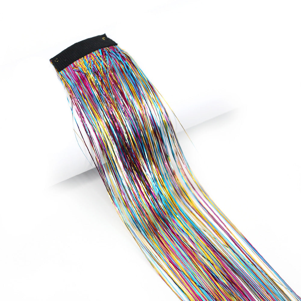 Clip-In Rainbow Hair Extensions - Long Synthetic Wig with Gold Thread