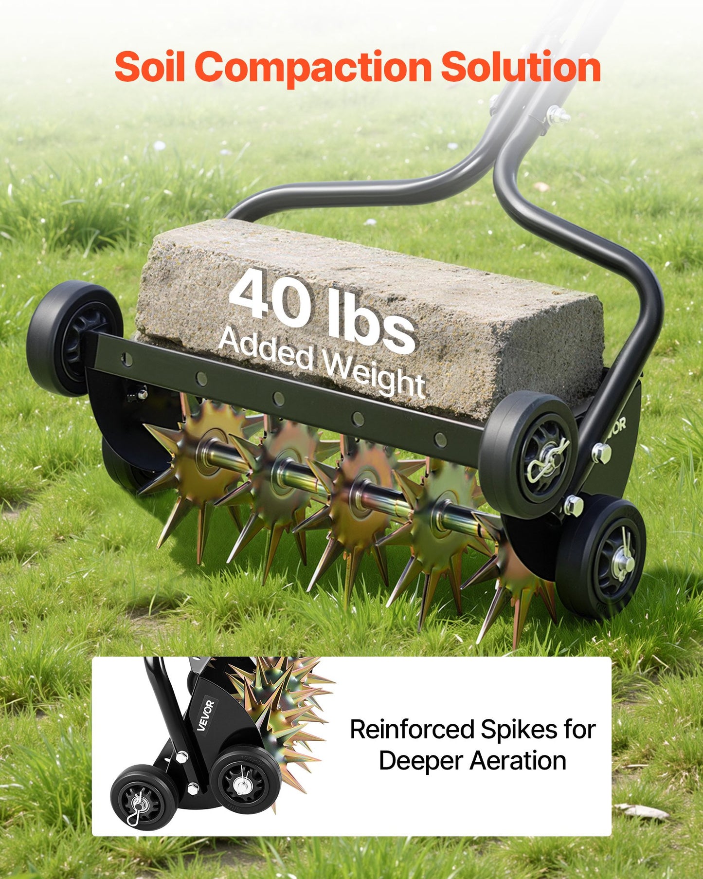 Manual Lawn Aerator Spike Tool with 4 Wheels & Handle - Heavy Duty Garden Soil Aeration