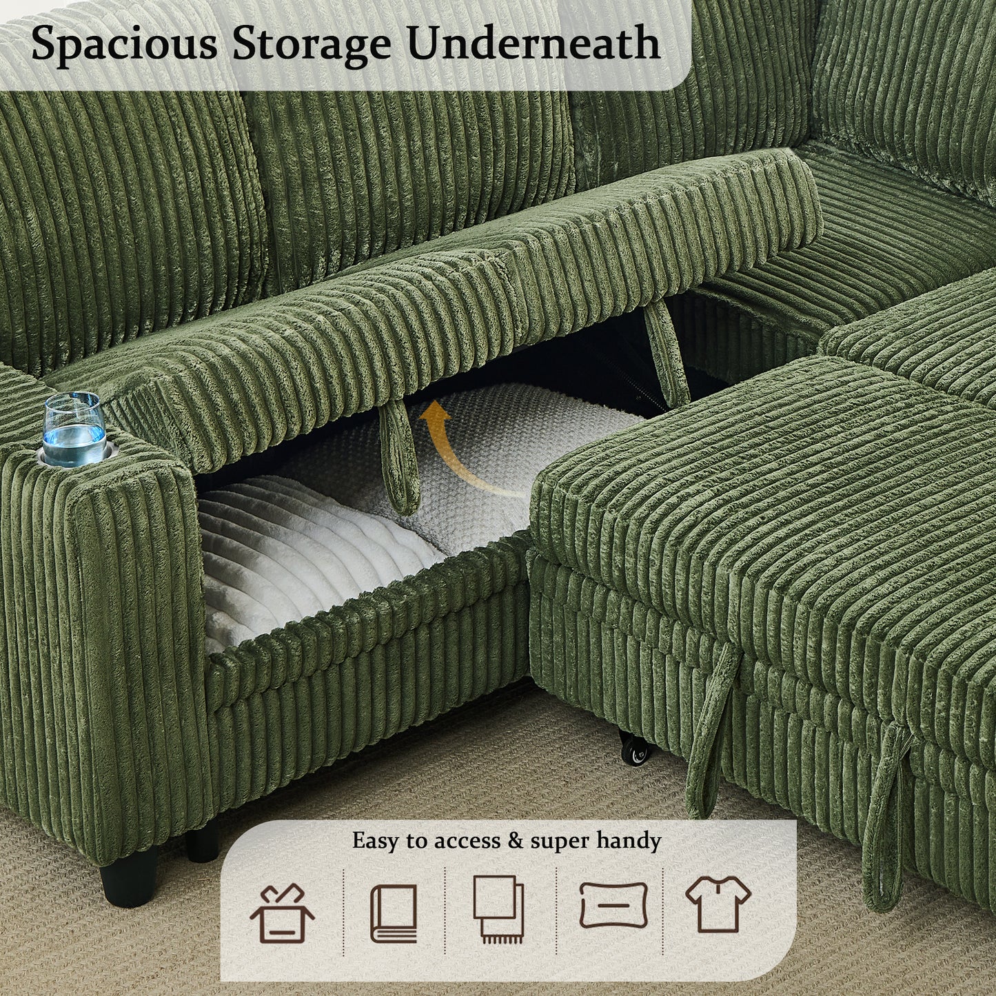 L-Shaped Sectional Sofa Bed with USB Charging & Storage - Olive Green