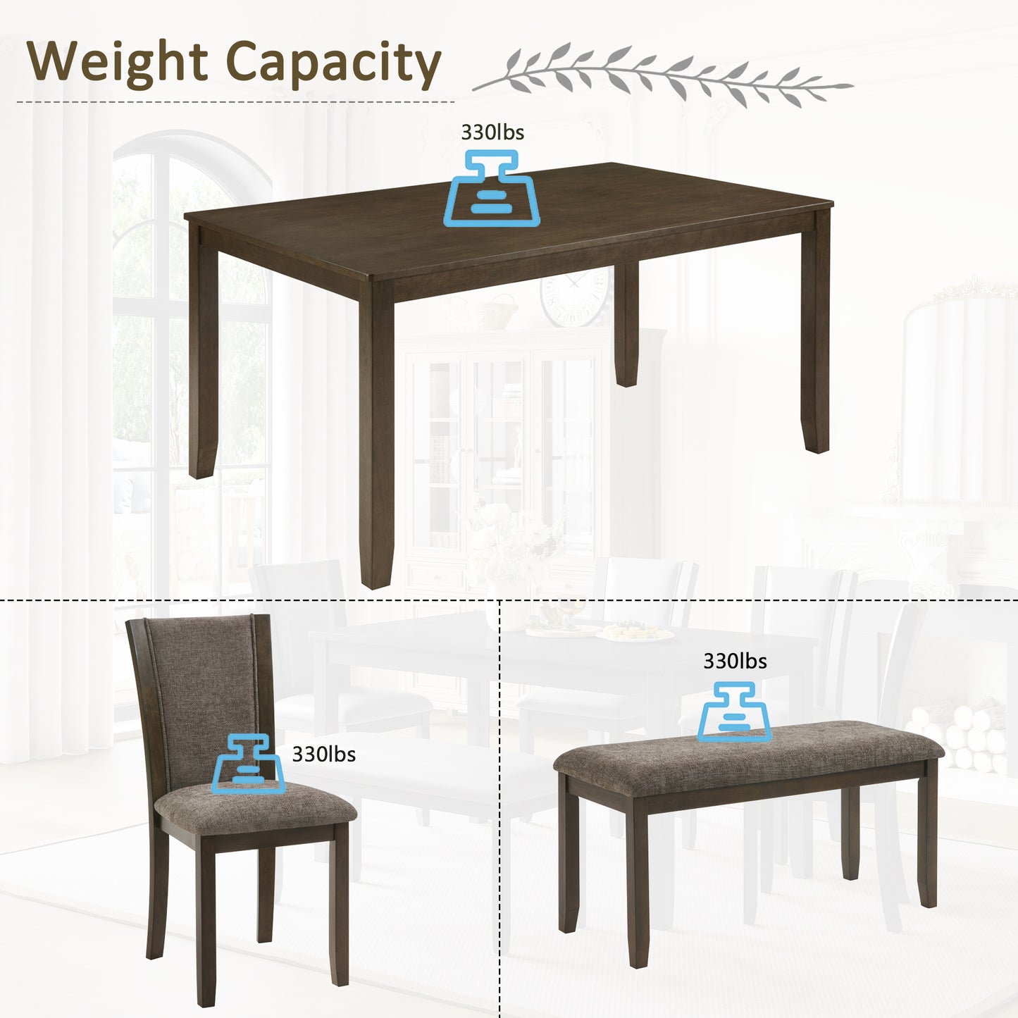 6-Piece Wooden Dining Table Set with Bench and Chairs - Dark Walnut