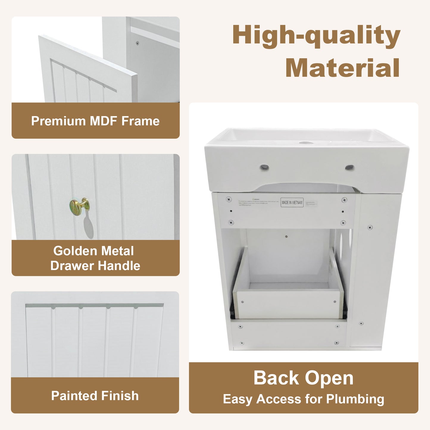 20-Inch Bathroom Vanity with Ceramic Sink & Storage - White