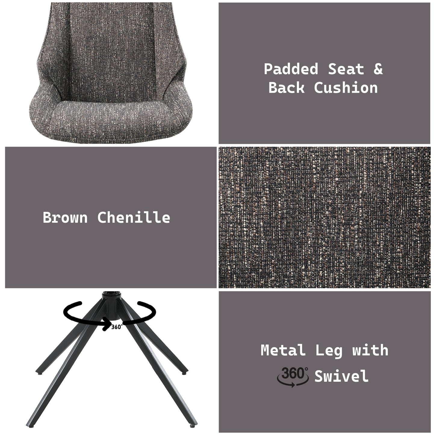 Malika Brown Gray Chenille Swivel Side Chair - Set of 2