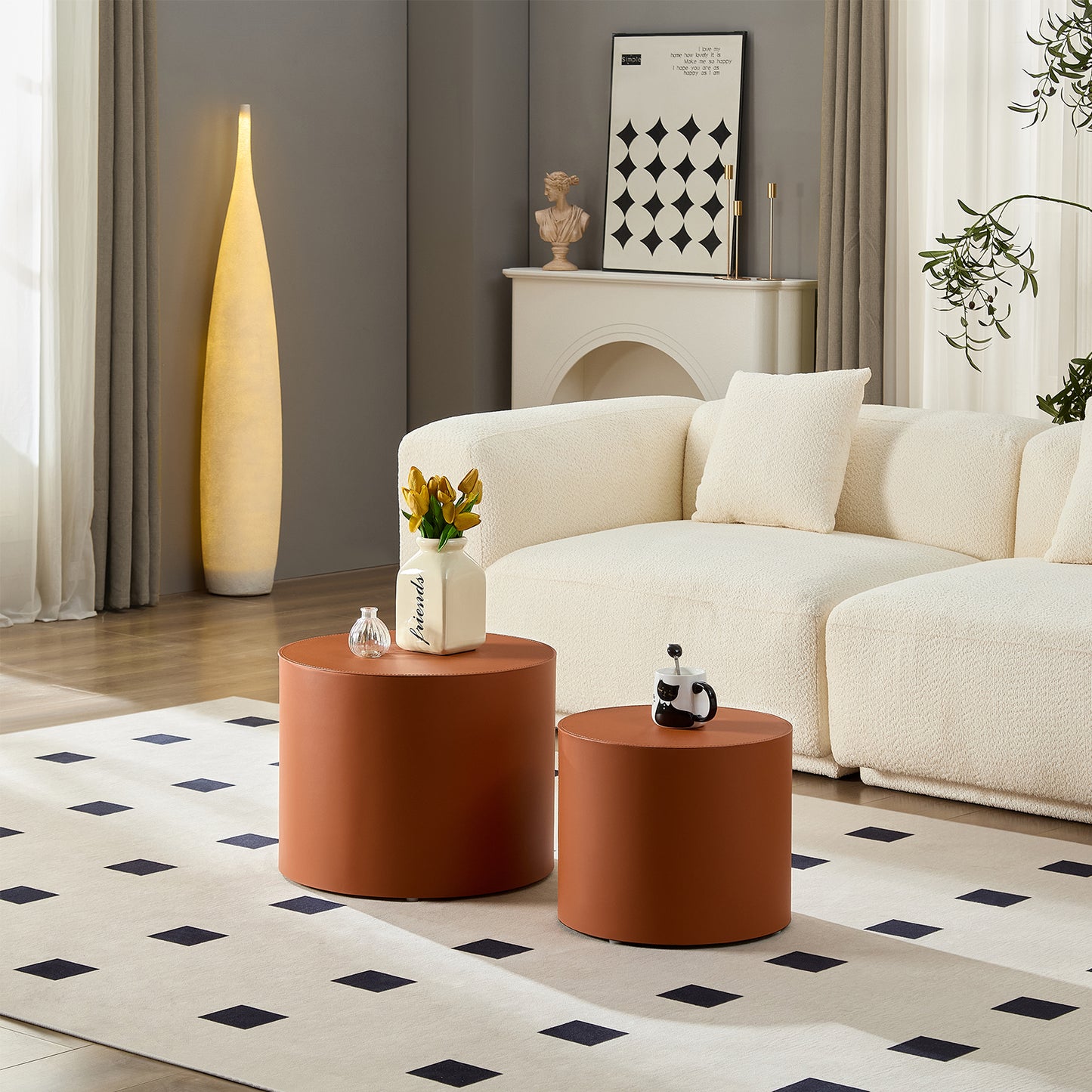 Modern Orange MDF Saddle Leather Table -Compact Sizes, Great For