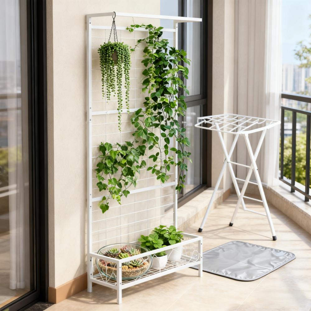 Metal Tall Plant Stand with Trellis - 74" White Garden Holder