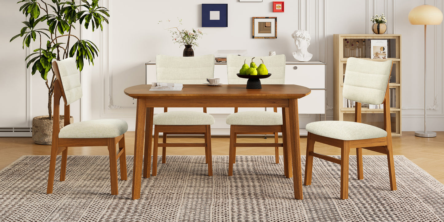 Farmhouse Dining Table Set for 4 with Upholstered Chairs - Brown & Beige