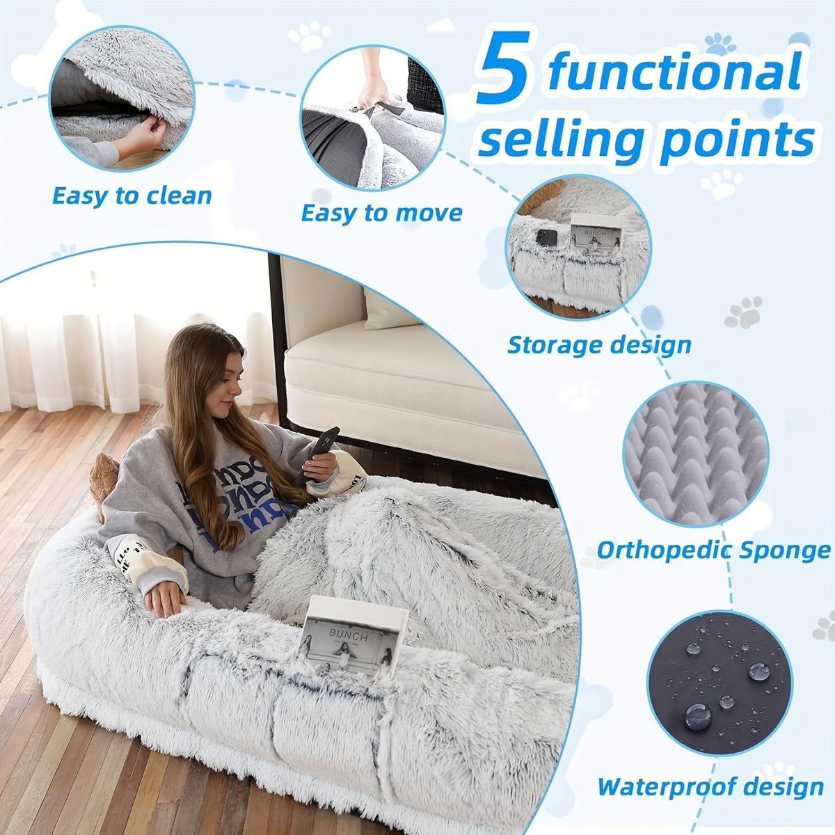 Oversized Human & Pet Dog Bed with Orthopedic Support - 71 x 45 Inch Faux Fur Lounger, Washable Cover, Pillow & Blanket Included
