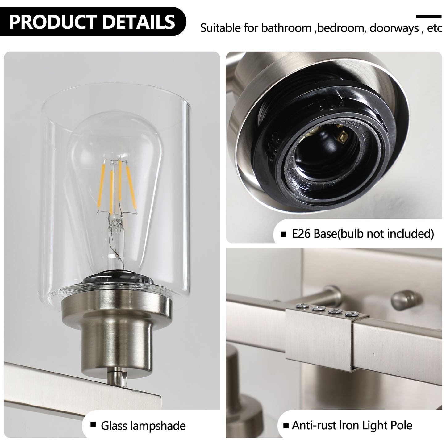 Modern 4-Light Bathroom Vanity Light Fixture - Brushed Nickel with Glass Shades