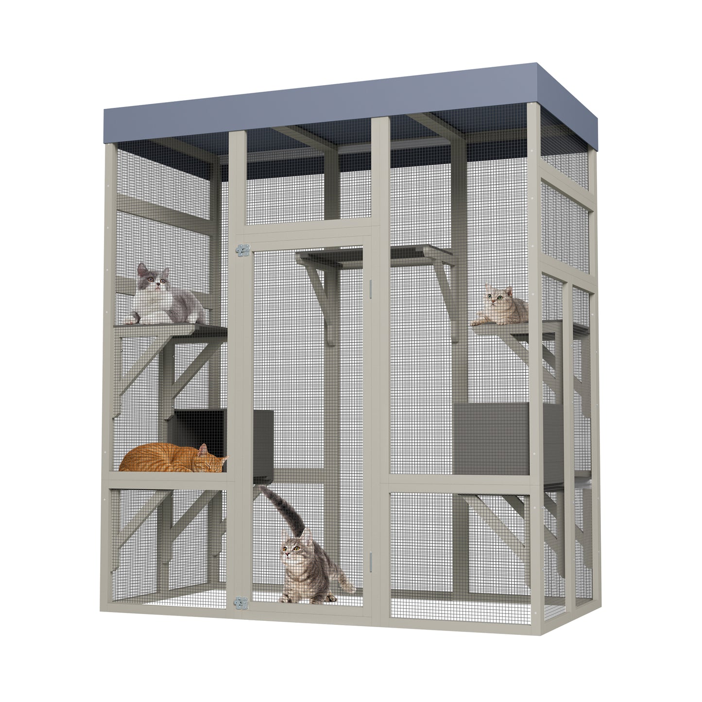Large Wooden Cat Enclosure with Waterproof Cover, Napping Houses & Platforms - 62.6 Inches