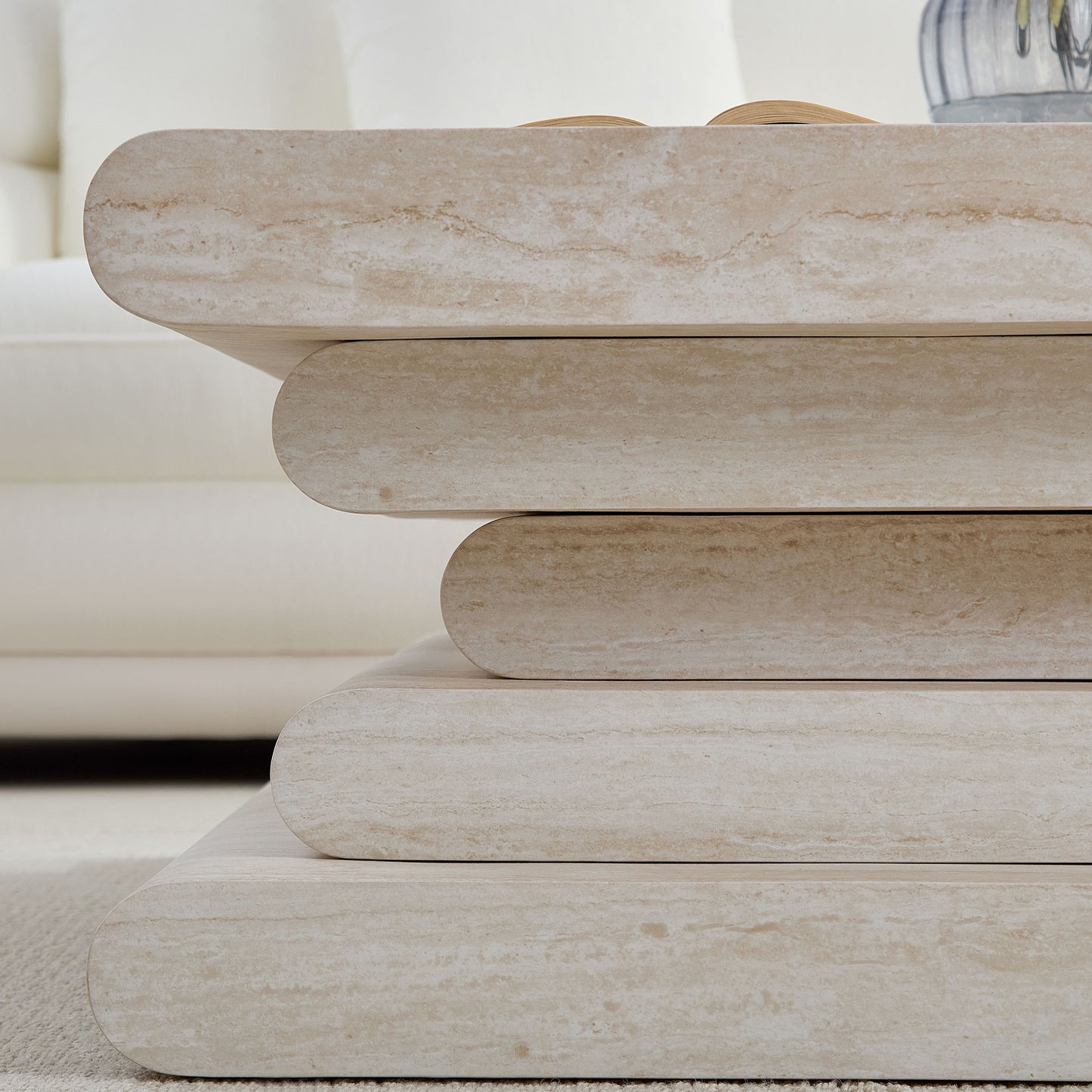33.86 Inch Square Modern Coffee Table with Faux Travertine - Beige