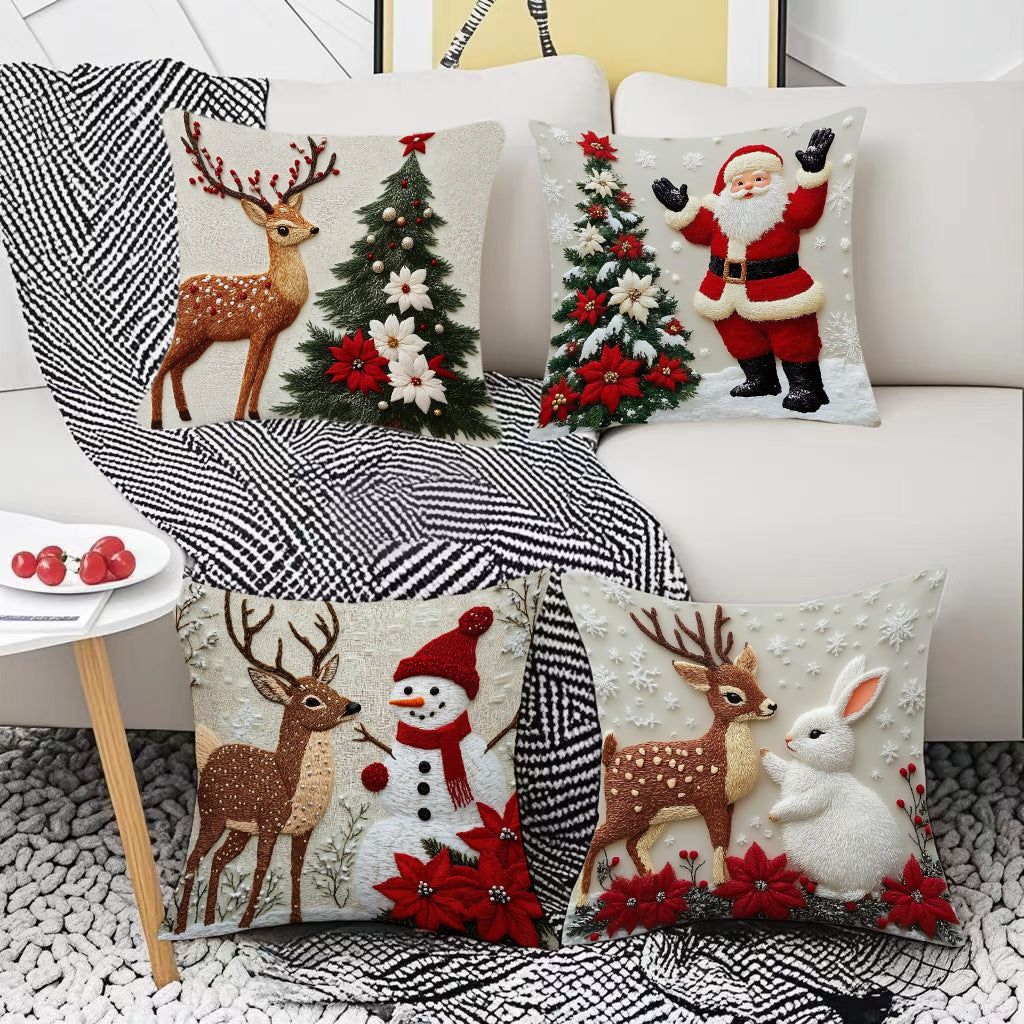 Festive Elk Rabbit Holiday Pillow Cover - Christmas Linen Cushion Decor