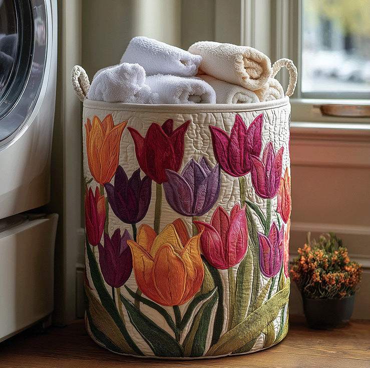 Cotton Laundry Hamper with Quilted Pleated Design Dustproof Clothes Basket