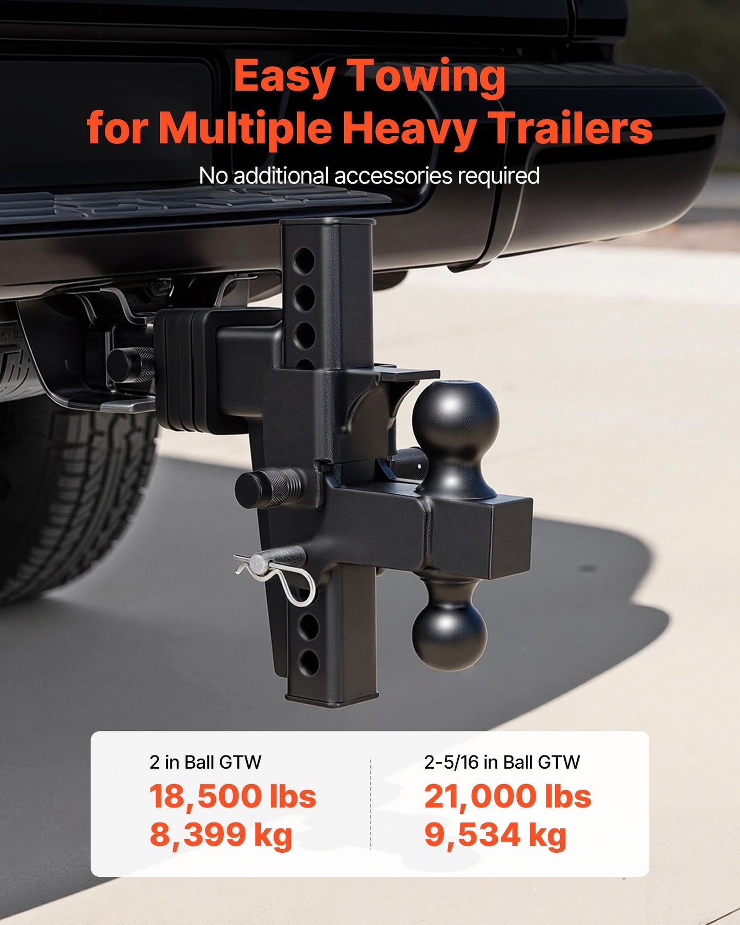 Adjustable Trailer Hitch Ball Mount for 2.5-Inch Receiver, 21000 lbs GTW, 9-Inch Drop, Black