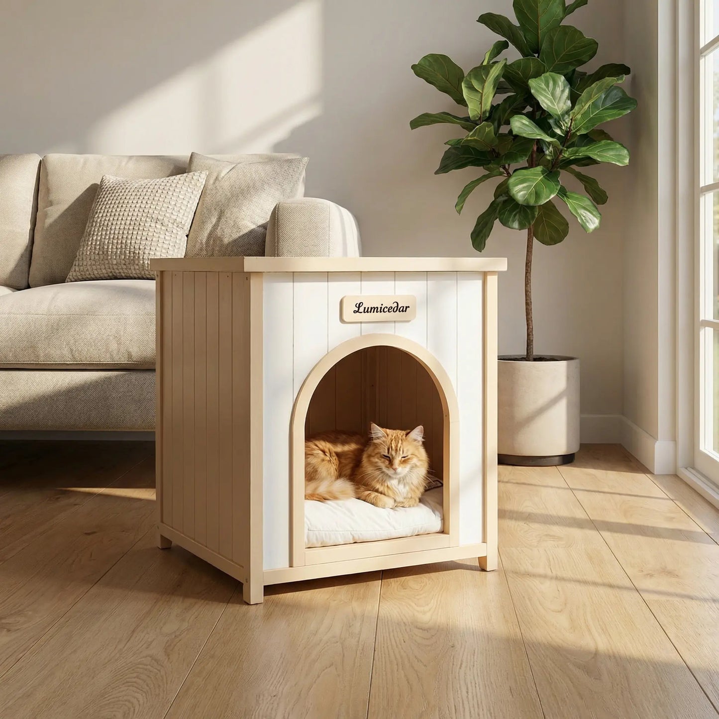 Indoor Wooden Dog House with Removable Cushion - Small Pet Shelter, Scandinavian Design