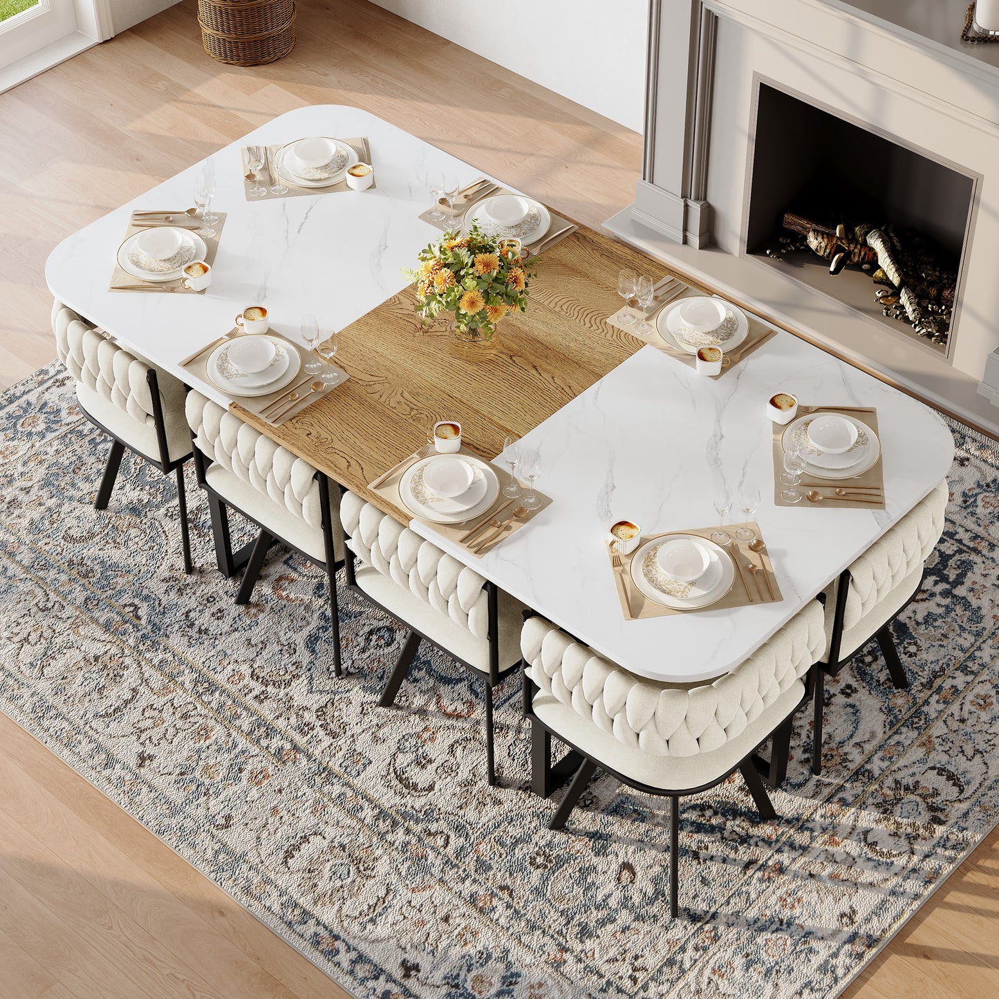 9-Piece Square Dining Table Set, Fixed White Faux Marble & Wood Grain