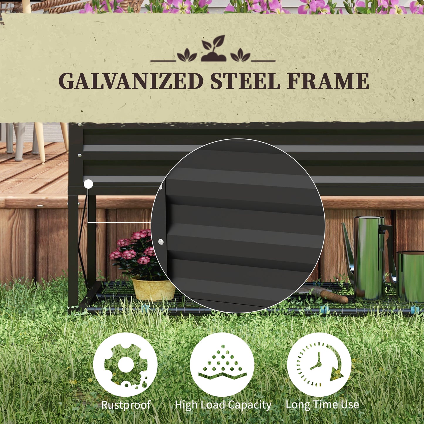 Galvanized Raised Garden Bed with Legs and Storage Shelf - Black, 1180x360x95mm